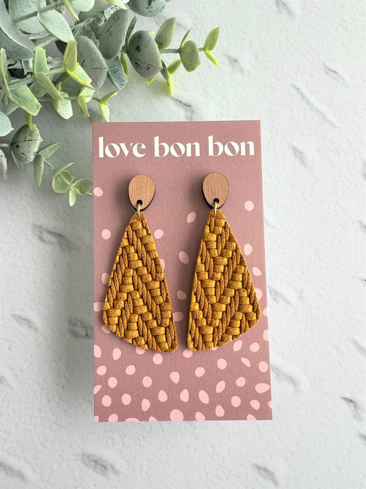 Genuine Leather Handmade Earring with Wooden topper, dangle earring, handmade earring, gift for her, birthday gift, Mustard Yellow