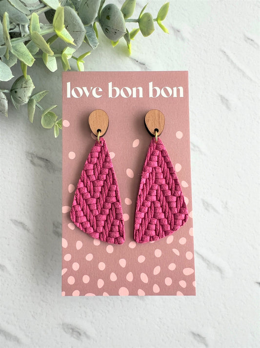 Genuine Leather Handmade Earring with Wooden topper, dangle earring, handmade earring, gift for her, birthday gift, Orchid Pink