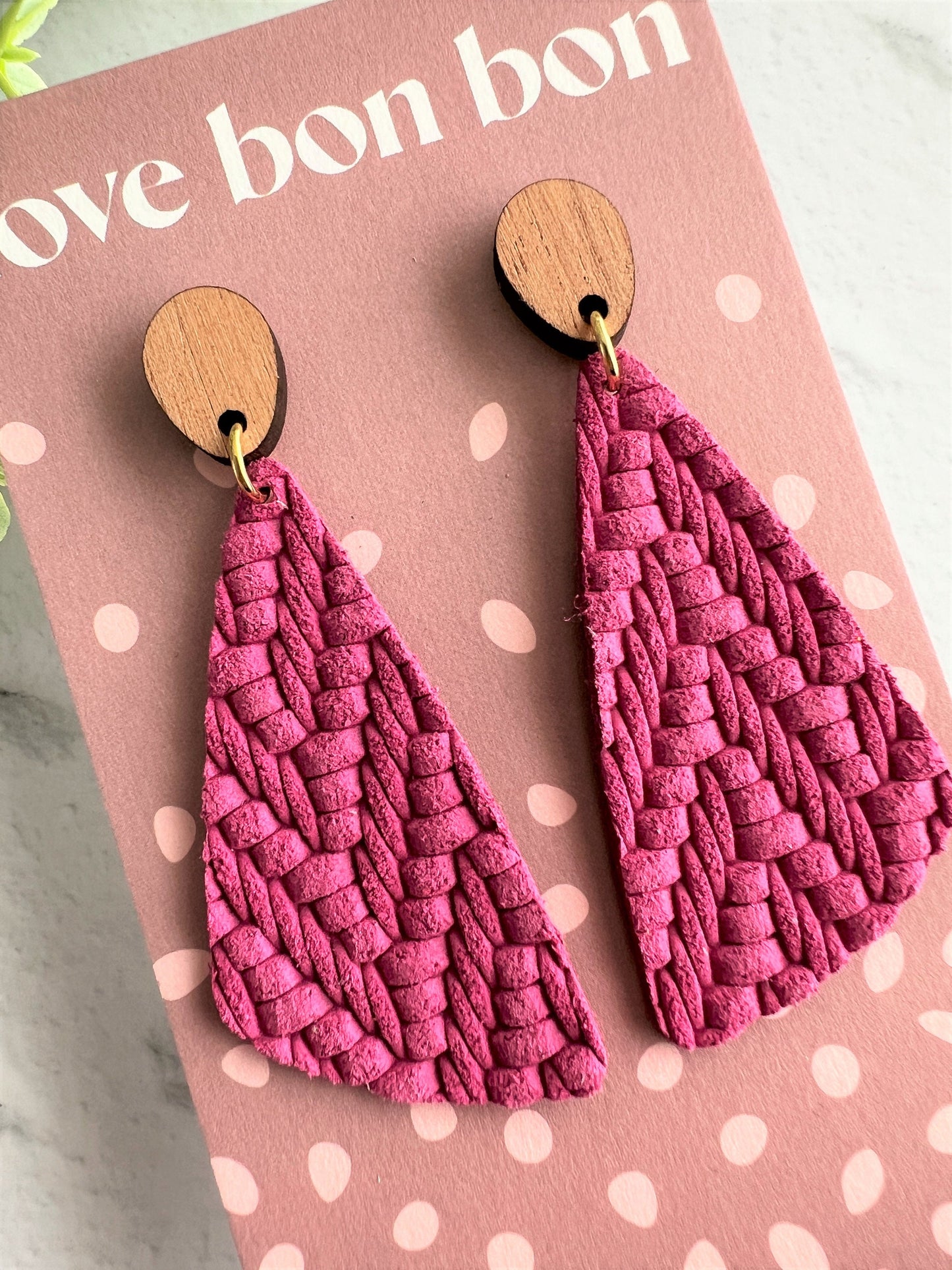 Genuine Leather Handmade Earring with Wooden topper, dangle earring, handmade earring, gift for her, birthday gift, Orchid Pink