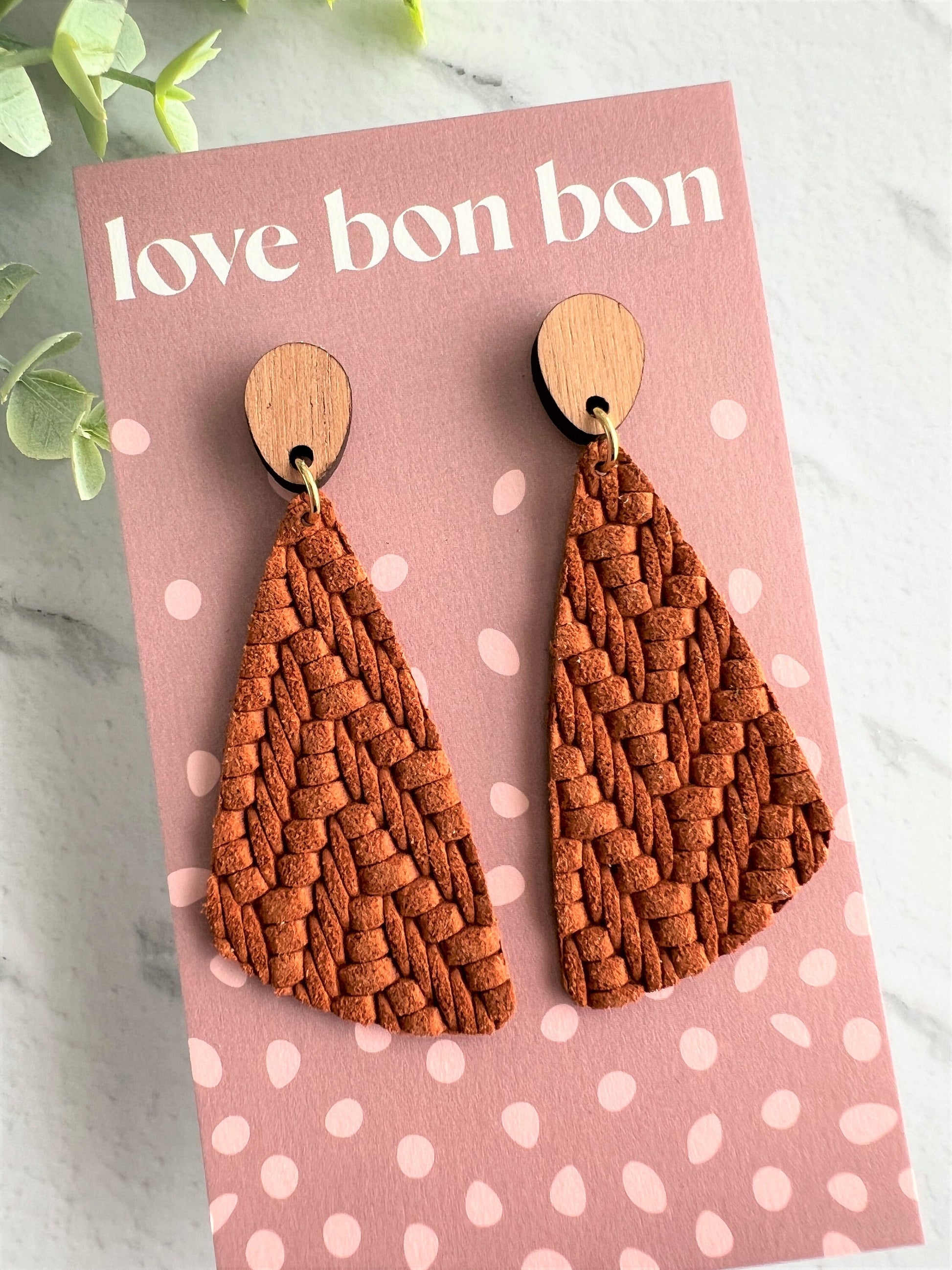 Genuine Leather Handmade Earring with Wooden topper, dangle earring, handmade earring, gift for her, birthday gift, Rust Leather