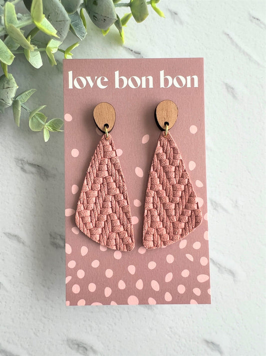 Genuine Leather Handmade Earring with Wooden topper, dangle earring, handmade earring, gift for her, birthday gift, Blushing Pink