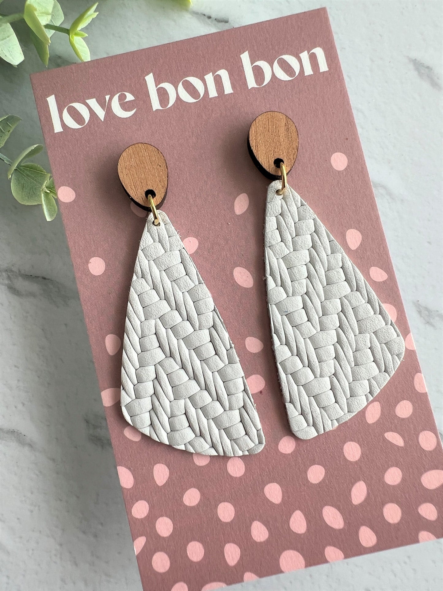Genuine Leather Handmade Earring with Wooden topper, dangle earring, handmade earring, gift for her, birthday gift, Snow White