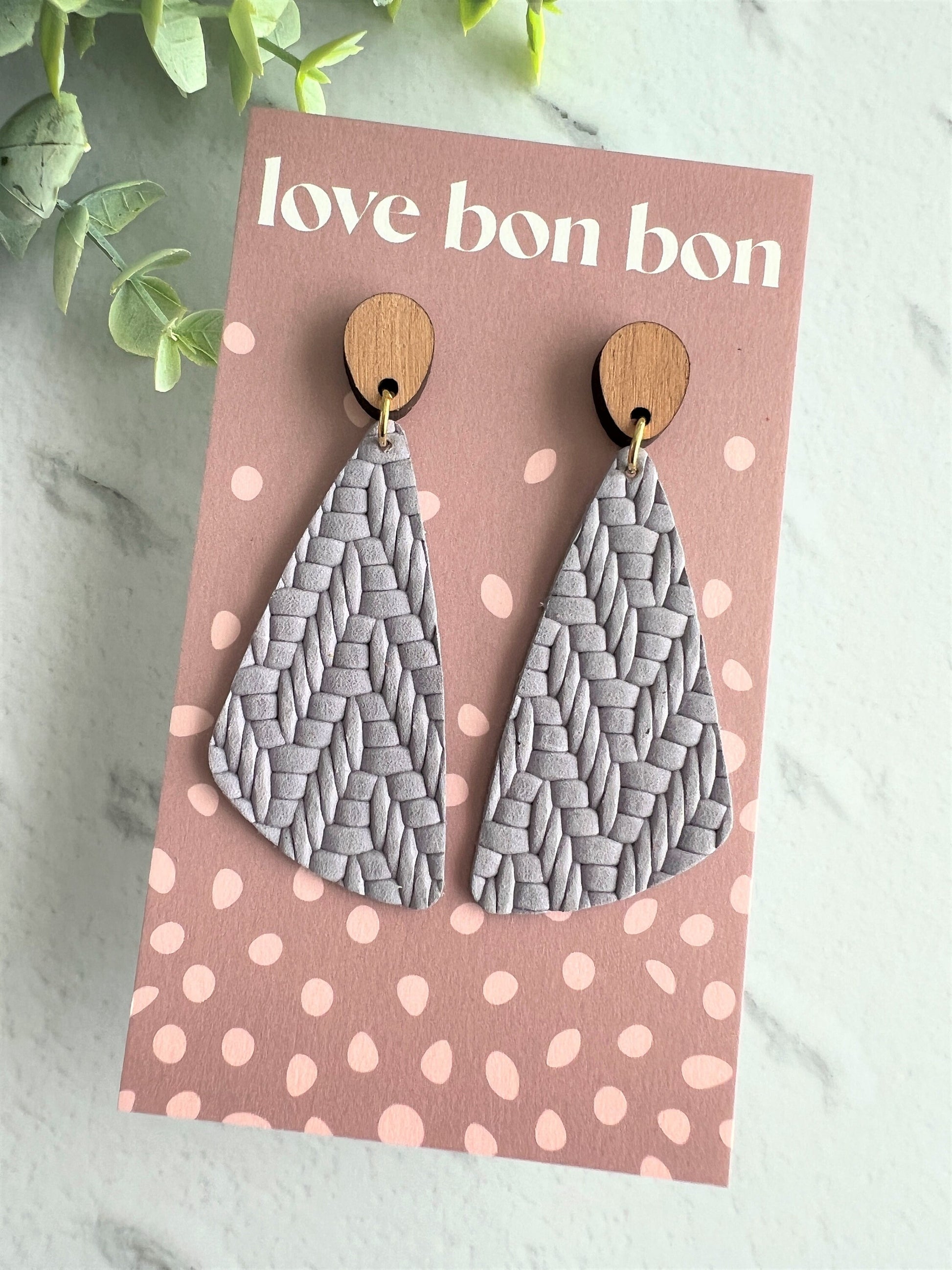 Genuine Leather Handmade Earring with Wooden topper, dangle earring, handmade earring, gift for her, birthday gift, Periwinkle Leather