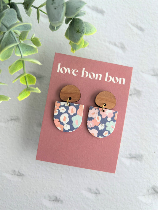 Cork and Leather Handmade Petite Earring with Wooden topper, dangle earring, handmade earring, floral print earring, handmade earrings
