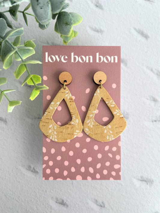 Cork and Leather Geometric Handmade Earring with Wooden topper, dangle earring, gift for her, birthday gift, floral handmade earring