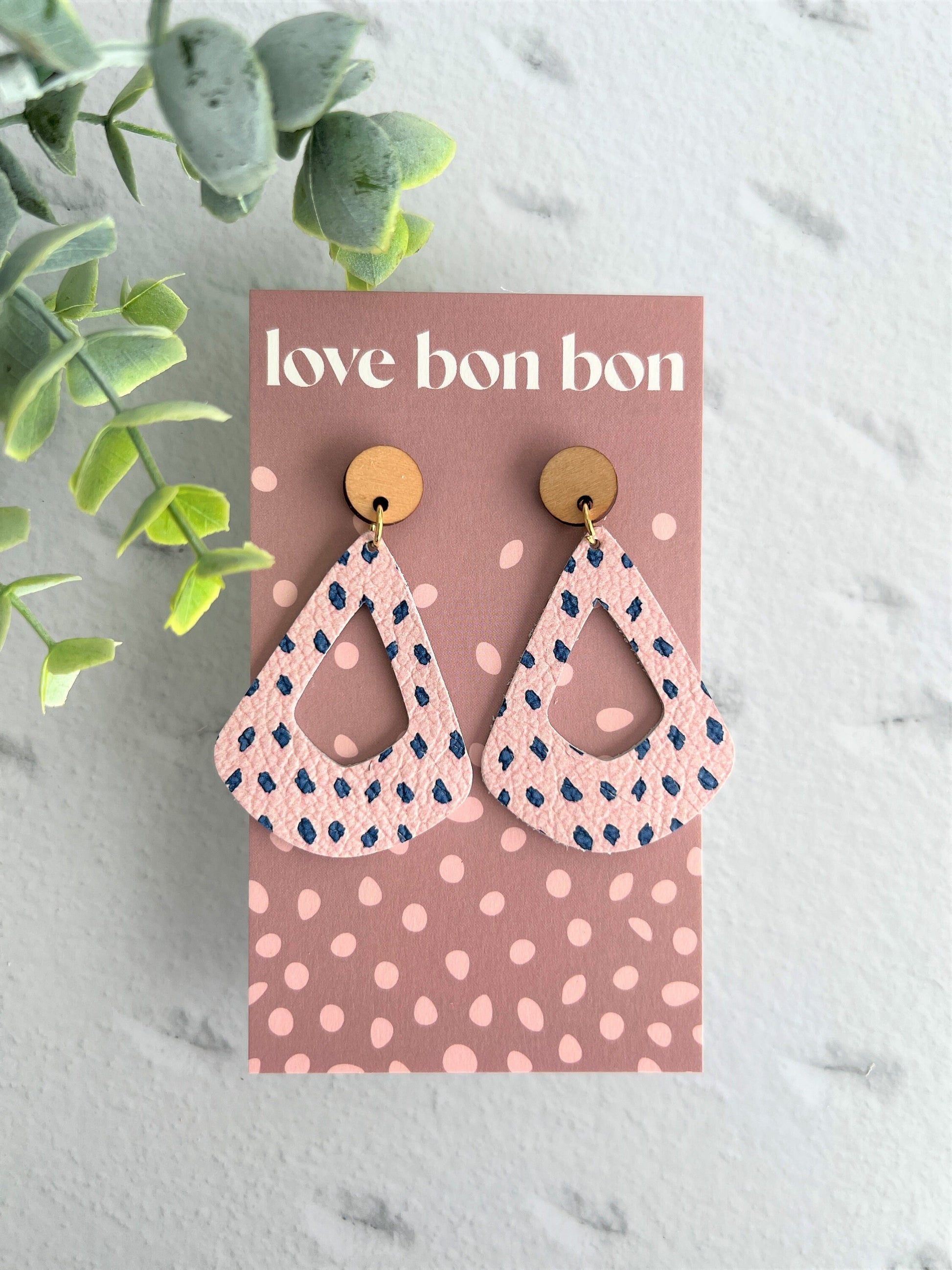 Genuine Leather Geometric Handmade Earring with Wooden topper, dangle earring, gift for her, birthday gift, pink spotted leather earring