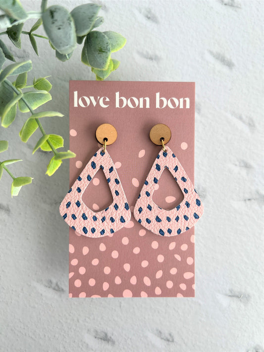 Genuine Leather Geometric Handmade Earring with Wooden topper, dangle earring, gift for her, birthday gift, pink spotted leather earring