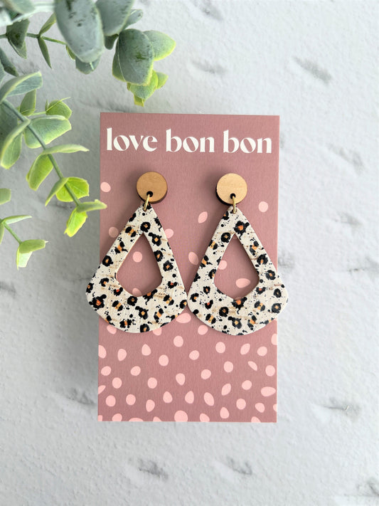 Cork and Leather Geometric Handmade Earring with Wooden topper, dangle earring, gift for her, birthday gift, cheetah print earring