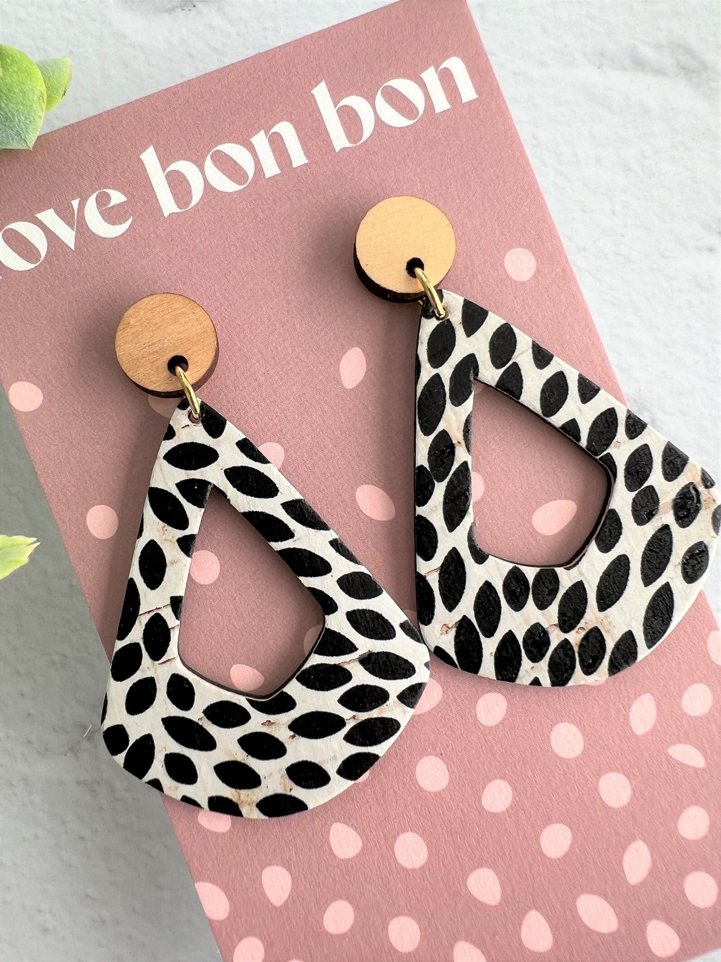 Cork and Leather Geometric Handmade Earring with Wooden topper, dangle earring, gift for her, birthday gift, black and white earring