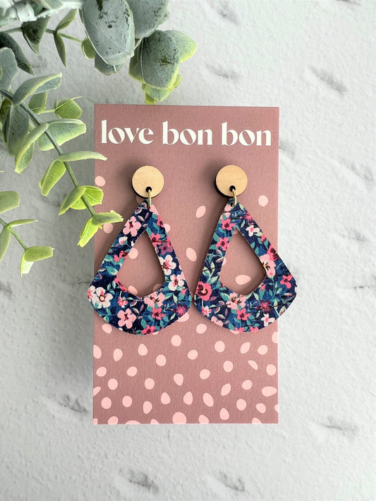 Cork and Leather Geometric Handmade Earring with Wooden topper, dangle earring, gift for her, birthday gift, floral handmade earring