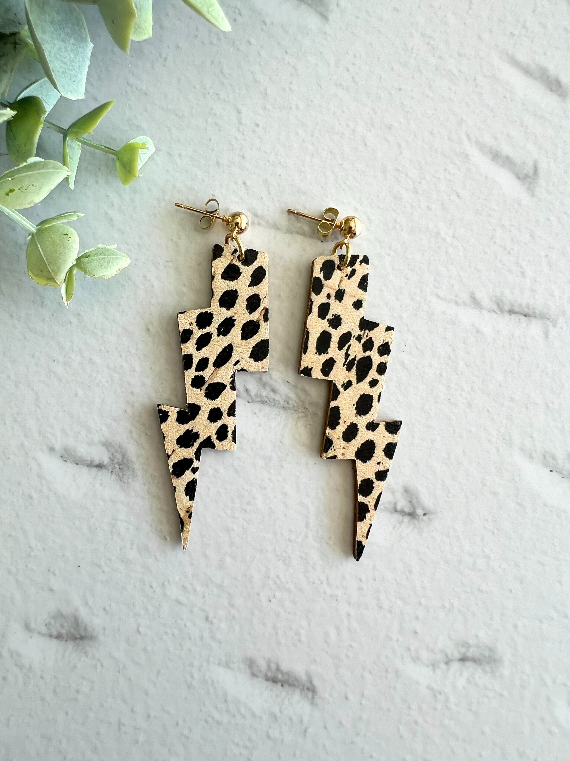Genuine Cork on Leather Handmade Unique Thunderbolt Earring with Gold Stainless Steel topper - dangle earring - handmade earring