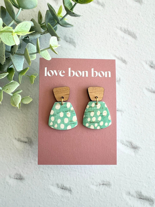 Cork and Leather Handmade Petite Earring with Wooden tops, dangle earring, handmade earring, leopard print, handmade earrings