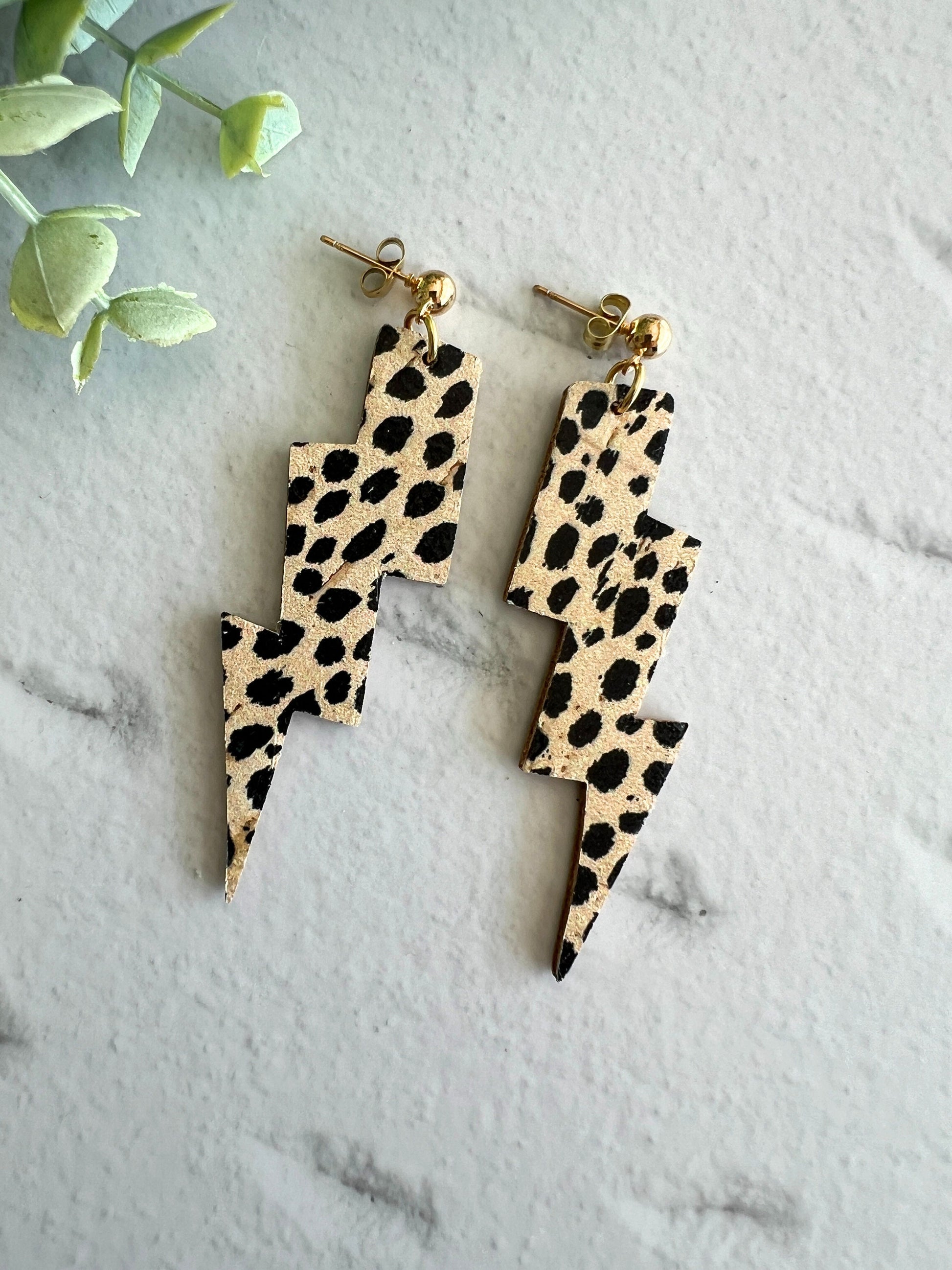 Genuine Cork on Leather Handmade Unique Thunderbolt Earring with Gold Stainless Steel topper - dangle earring - handmade earring