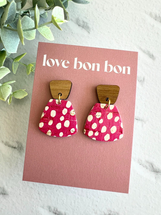 Cork and Leather Handmade Petite Earring with Wooden tops, dangle earring, handmade earring, leopard print, handmade earrings