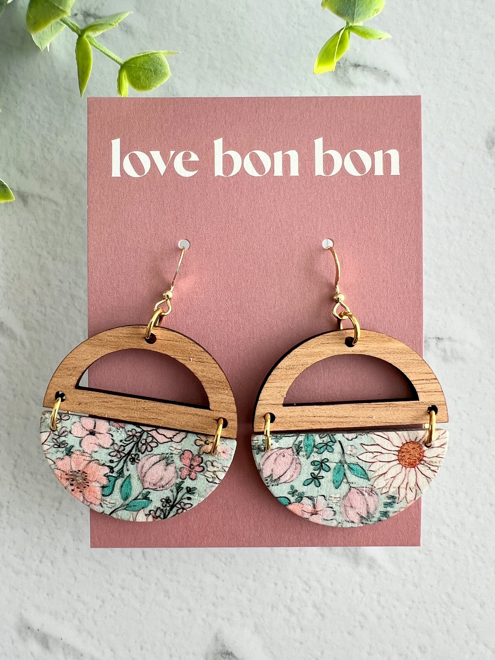Genuine Cork and Large Leather Handmade Circle Earring with half circle Wooden topper - dangle earring - floral print leather