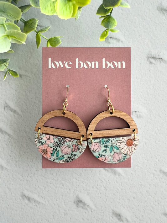 Genuine Cork and Large Leather Handmade Circle Earring with half circle Wooden topper - dangle earring - floral print leather