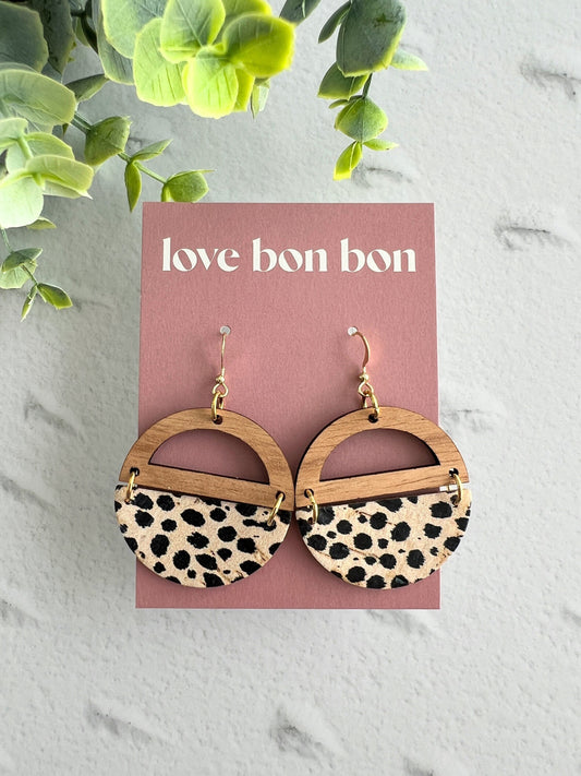 Genuine Cork and Large Leather Handmade Circle Earring with half circle Wooden topper - dangle earring - spotted print leather