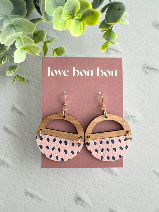 Genuine Cork and Large Leather Handmade Circle Earring with half circle Wooden topper - dangle earring - odd spots print leather