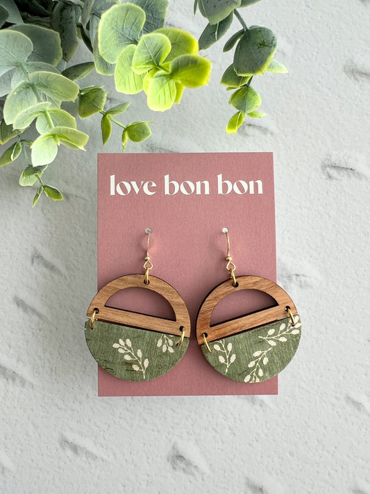 Genuine Cork and Large Leather Handmade Circle Earring with half circle Wooden topper - dangle earring - meadow print leather