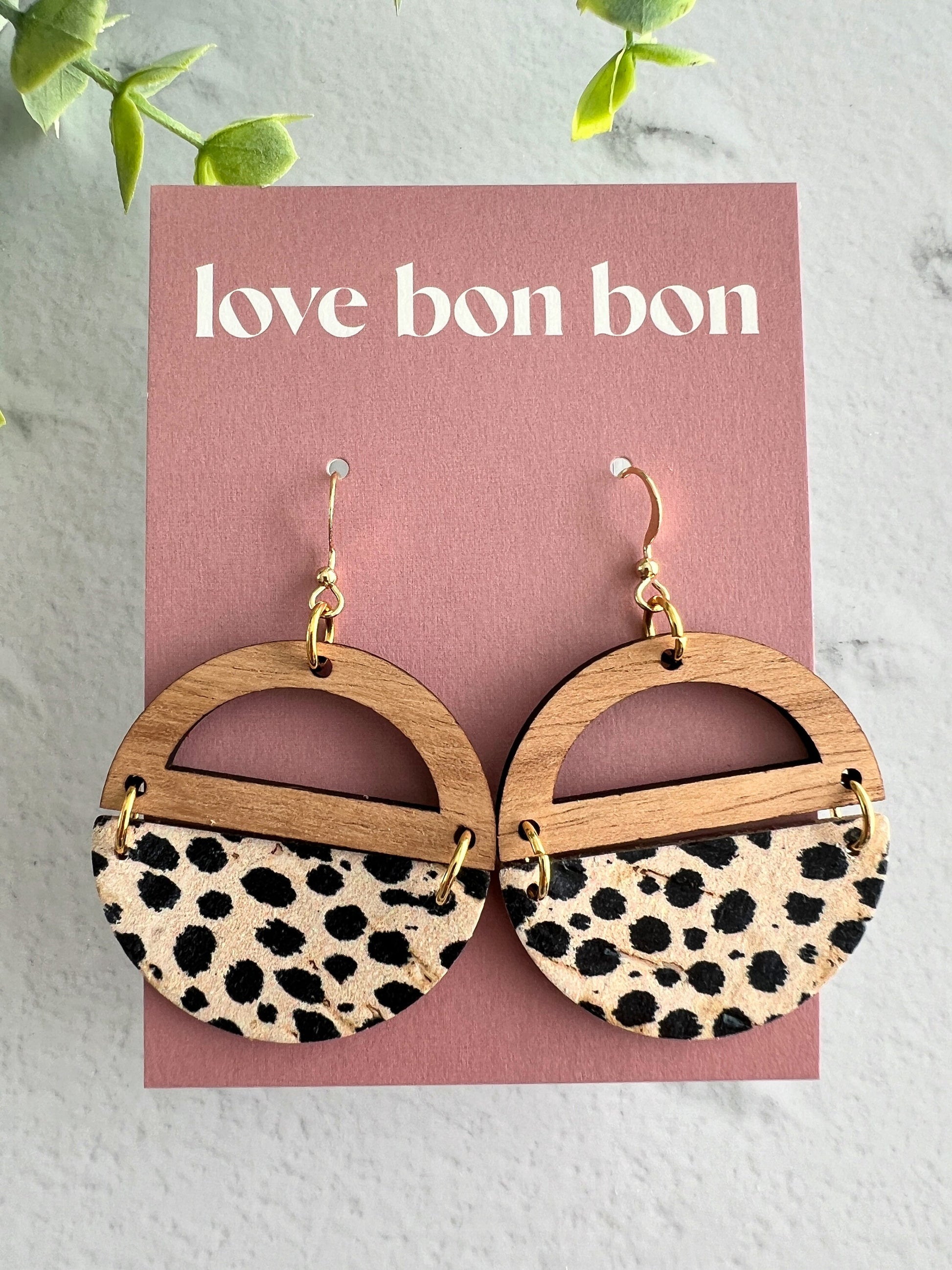 Genuine Cork and Large Leather Handmade Circle Earring with half circle Wooden topper - dangle earring - spotted print leather